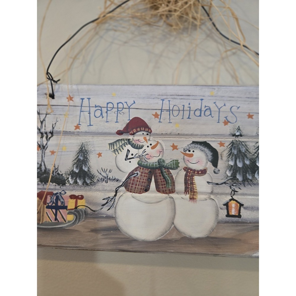 Handpainted Happy Holidays Wood Wall Plaque Snowman Family In Front Of Home